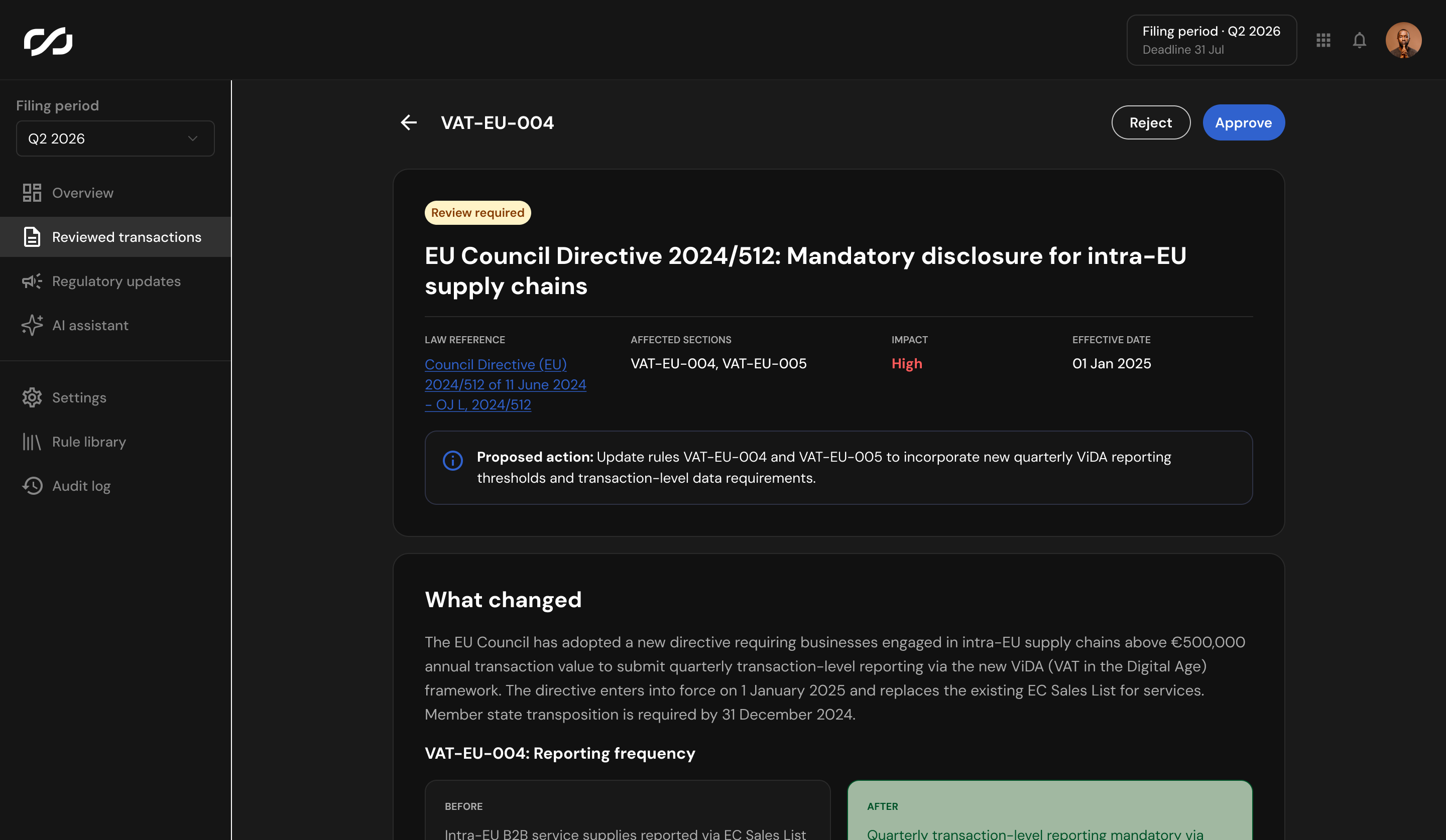 A regulatory update, EU Council Directive 2024/512, waiting on a reviewer with its proposed rule change attached.